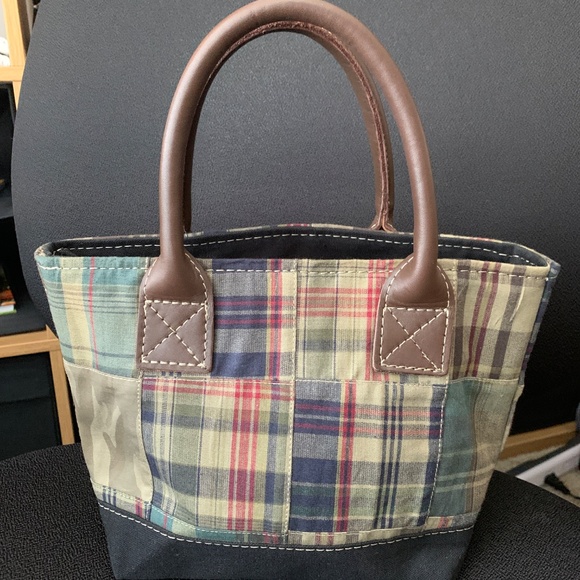 LL Bean Boat and Tote Bag Piaid with Leather Handles Mini Tote Vintage - Picture 2 of 13